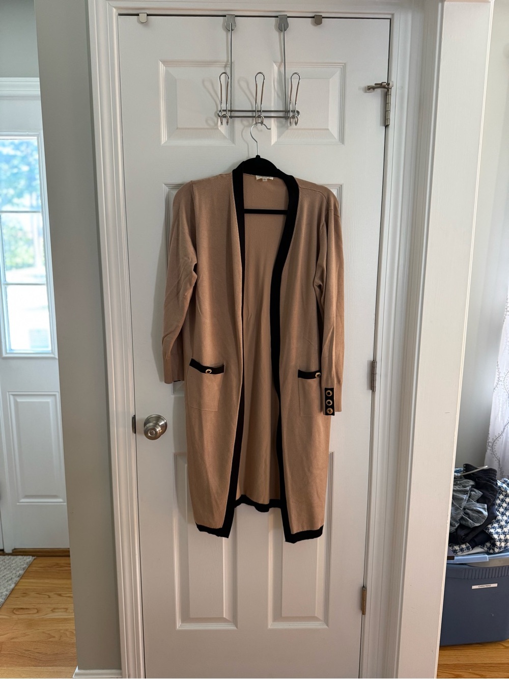 Essentials Long Camel Cardigan with Black Trim